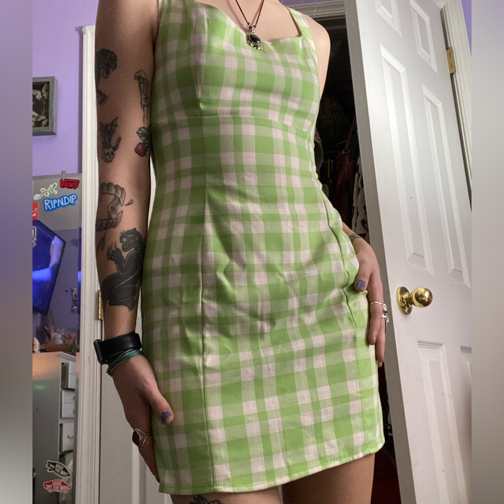 Empire dress in green and white plaid